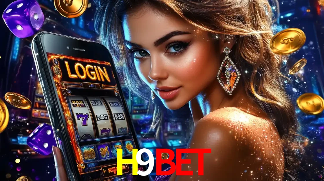 Mulher glamorosa segurando um smartphone com a tela de login para os jogos de caça-níqueis do cassino online H9BET, com moedas de ouro e dados ao redor.