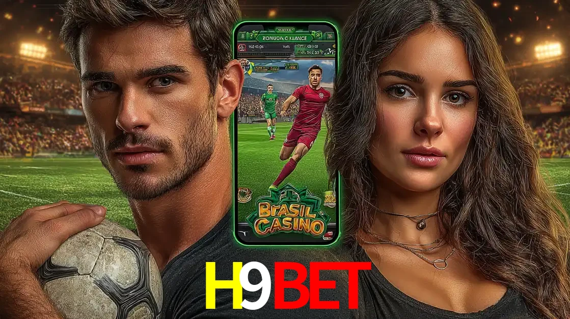 Homem segurando uma bola de futebol e uma mulher ao lado de um smartphone exibindo o jogo de apostas esportivas da H9BET. Faça seu palpite no cassino online.